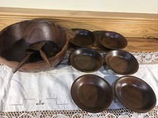 Vtg 1970  s MCM Vermillion Real Walnut Large Wood Salad Bowl 6 Salad Bowls Spoons