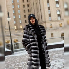 Women Nature Real Rex Rabbit Fur Coat Chinchilla Color Thick Jacket Long Outwear