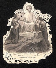 c1900 French Young Jesus Tears / Joy Die Cut Embossed Christian Religious Card