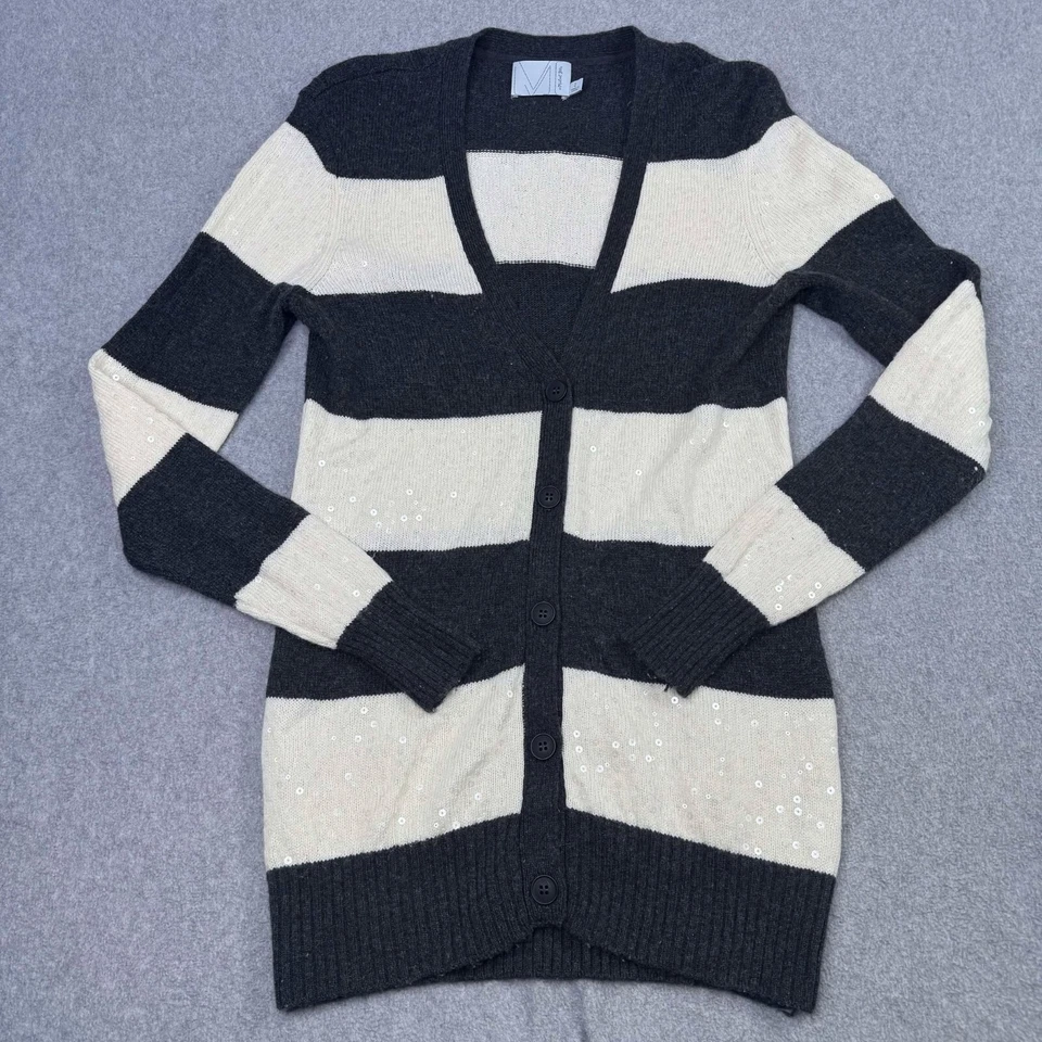 Michael Stars Ivory Gray Stripe Sequin Button Front Cardigan Superfine Wool Sz 2 - Image 2 of 4