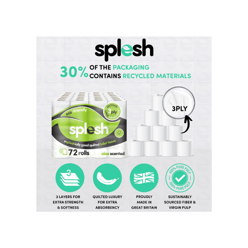 Splesh 3Ply Aloe Vera Toilet Rolls (72 Pack) EcoFriendly Soft