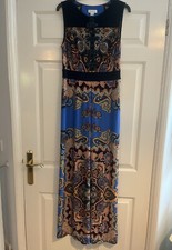 Monsoon Blue & Black Patterned Stretchy Occassion Maxi Dress, Size 10 VGC