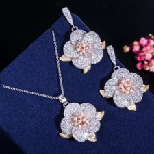 CWWZircons Silver Rose Gold Plated CZ Lady Flower Pendant Necklace Earrings Sets