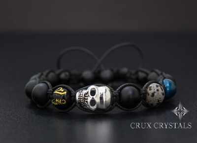 Men's Black Skull Gemstone Beaded Shamballa Style Bracelet Onyx Swarovski Pearls