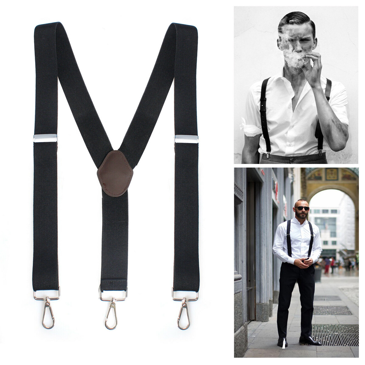 Mens Pery Belt Hook Y-Back Elastic Suspenders Black Heavy Duty