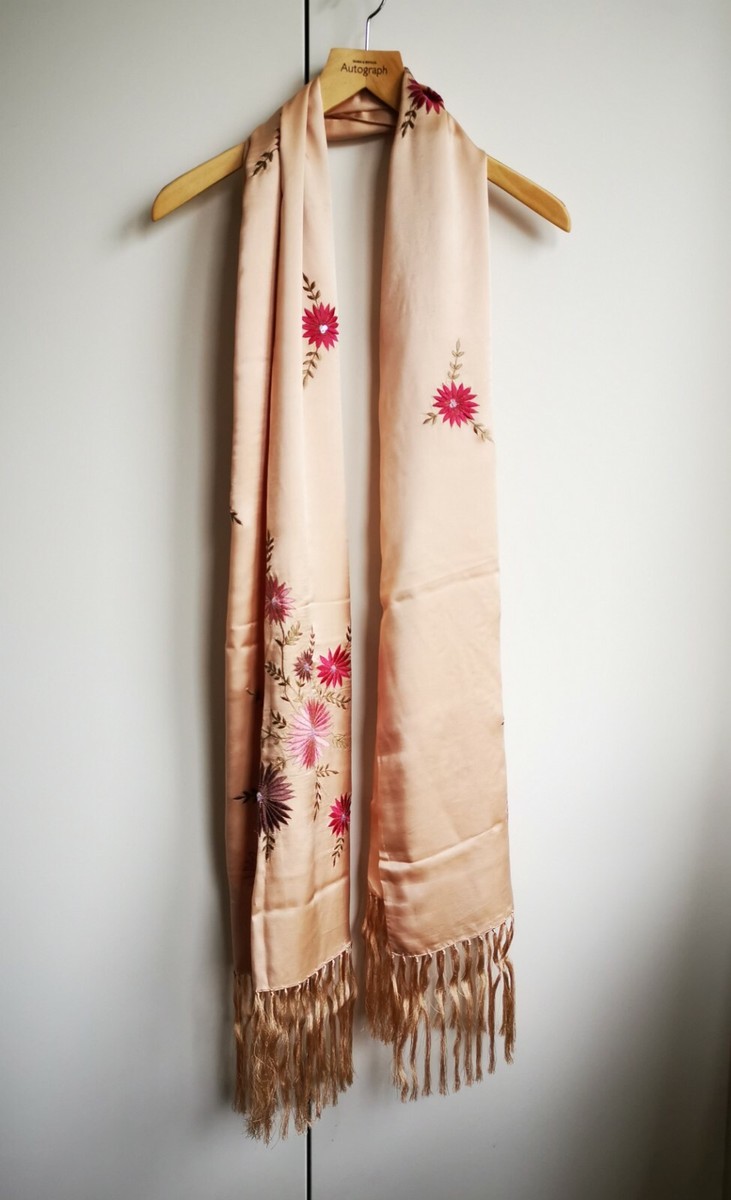 Peach/pink decorative embellished fringed scarf shawl wrap UK