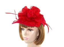 Red Sun Visor Hat Women's Silk Lace Flower Feathers Adjustable Society Ladies