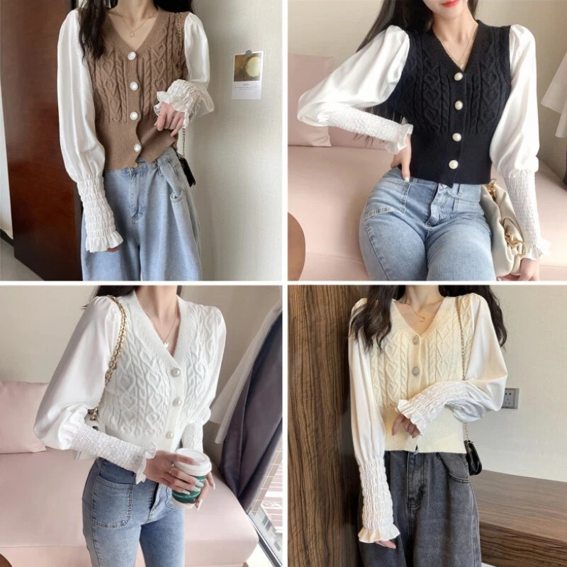 Women Ribbed Knit Cardigan Shirt Crop Top Puff Sleeves Sweater