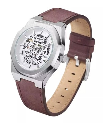 Herren Edison Roadster Automatik Uhr Silberfarben Hexagon Gehäuse Braun Leder.