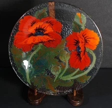 Peggy Karr 8" Red Poppy Fused Glass Art Plate Floral Design Platter Tray