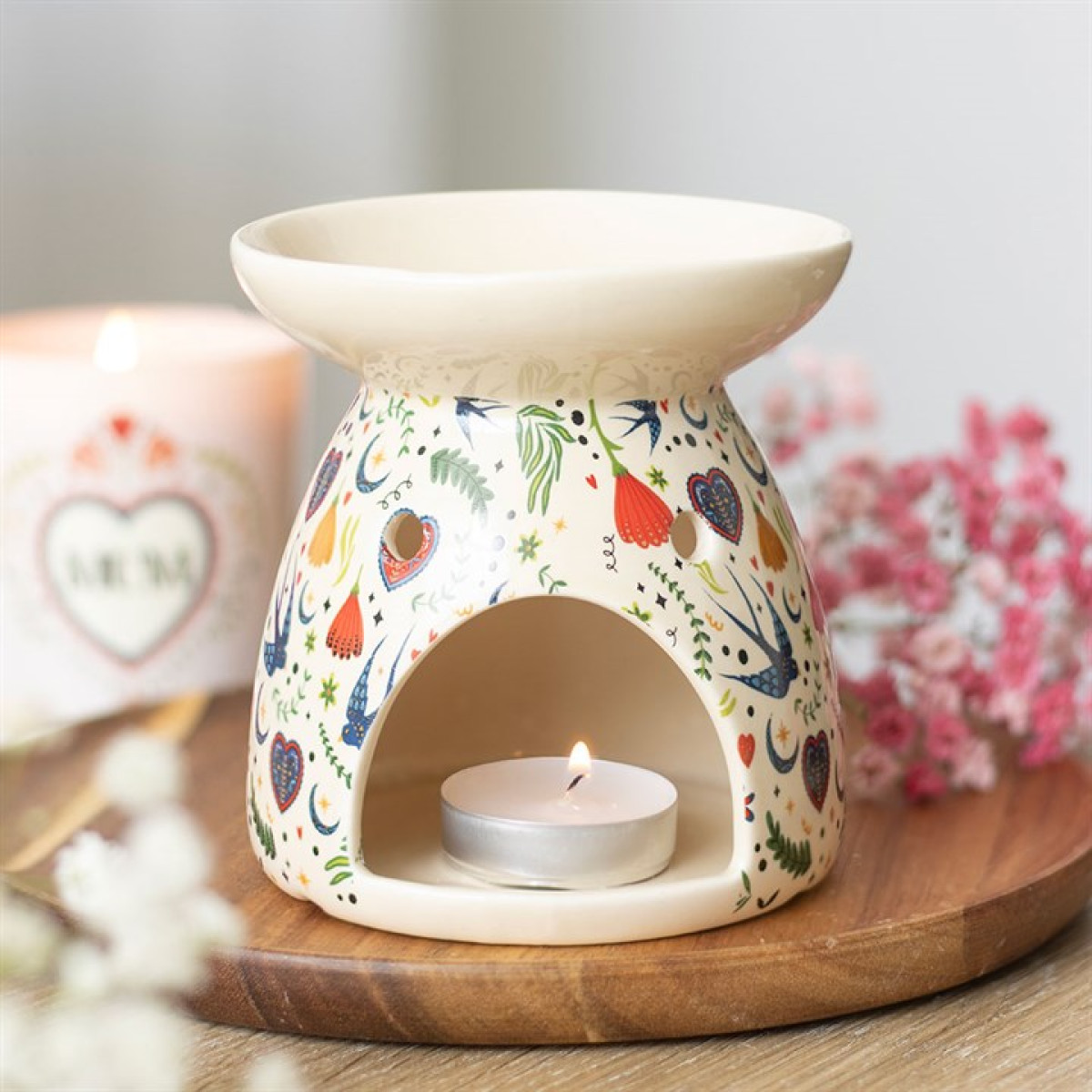 Cream Midnight Bloom Floral Print Ceramic Aromatherapy Oil Burner