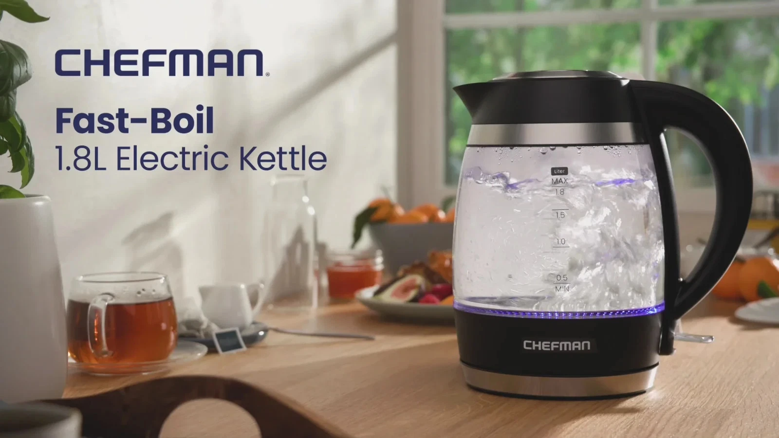 Chefman 1.8 Liter Fast Boil Glass Electric Kettle LED Light Swivel Base Auto Off