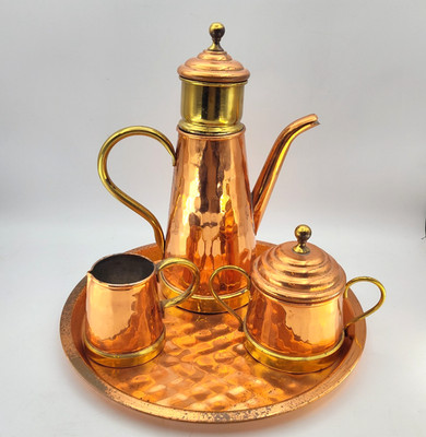 Vintage Copper Coffee Tea Set 4-Piece Hammered Tray Pot Creamer Sugar