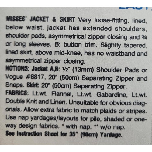 Vogue American Designer Sewing Pattern Klein Double-Breasted Jacket & Skirt 2829 - Picture 5 of 6