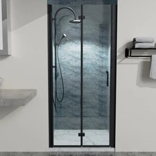 High-gloss matte black double-hinged semi-frameless shower door with clear glass