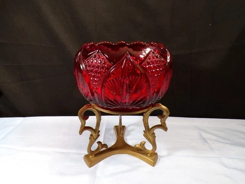 Fenton Ruby Red Glass Candle Bowl or Rose Bowl w/ Metal Stand