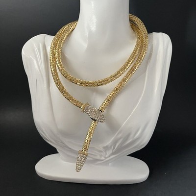 Snake Scale Mesh Necklace Lariat Gold Tone Rhinestone Magnetic Wrap 32 