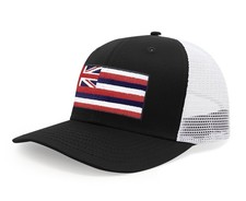 Hawaii Flag Trucker Hat - Adjustable Snapback Cap with Embroidered (Black/White)