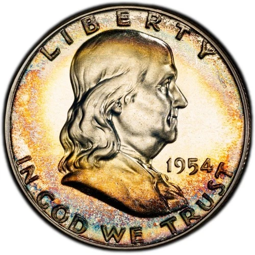 PR68 1954 50C Franklin Silver Half Dollar Proof, PCGS Trueview- Nicely Toned