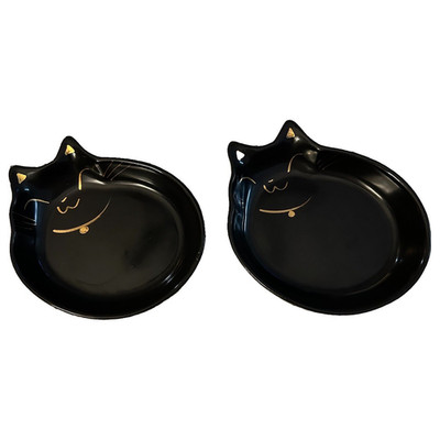 Vintage Japanese Seto Ware Black Cat Ceramic Plates - Set of 2 Trinket Trays