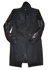 VERA WANG Deep Gray Wool & Black Leather Mid-Length Classic Coat US 4 EUR 38