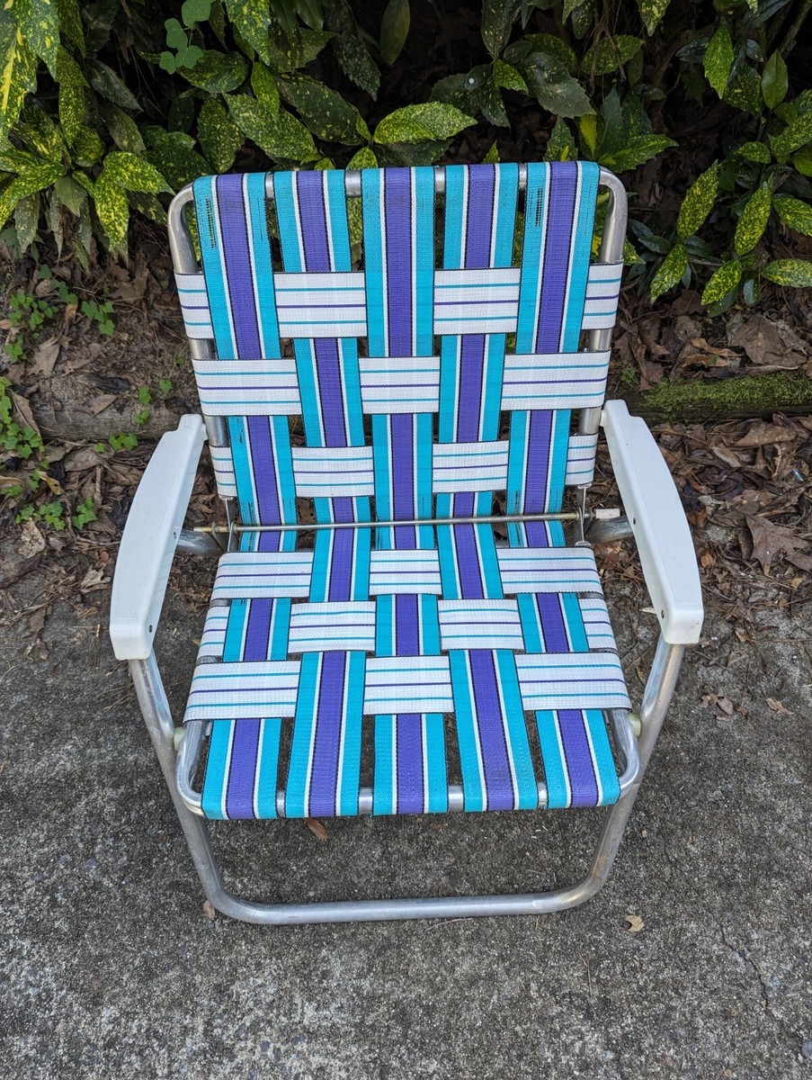 Vintage Folding Aluminum Lawn Chair White/Teal/Purple Outdoor Webm