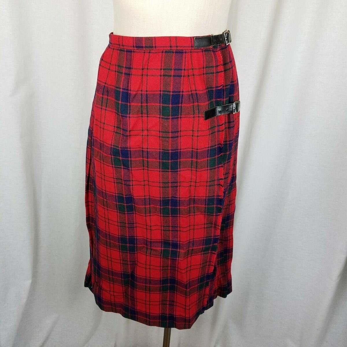 Red Wool Tartan Scotch Plaid Pleated Buckle Wrap Kilt Skirt Womens