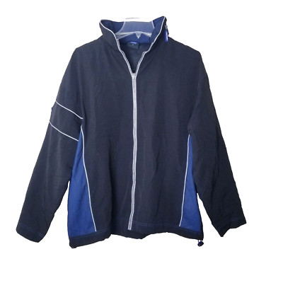 Norton Windbreaker Jacket Men's Medium Black Blue Roll Away Hood Nylon Full Zip