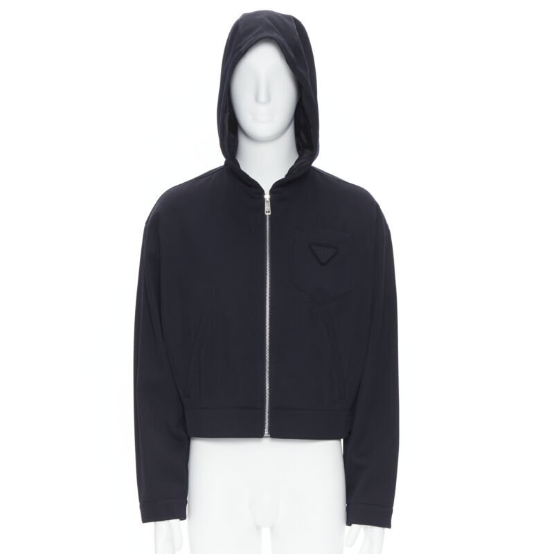 PRADA 2019 navy blue wool triangle pocket cropped zip up