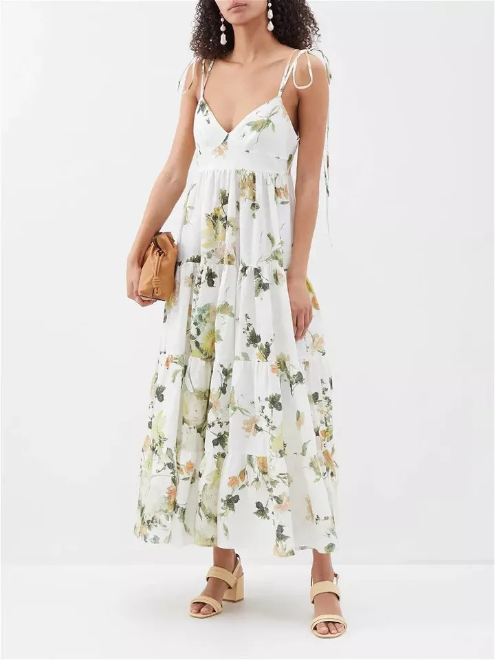 NUEVO ERDEM Maxi Vestido Estampado Floral Corbata Correa Lino BLANCO TALLA 12/100% AUTÉNTICO Foto 2 de 4