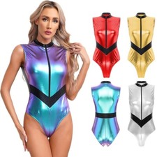 Women's Astronaut Cosplay Costume Shiny Metallic Zipper Front Bodysuit Jumpsuit