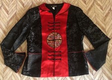 Xiuniang Asian Woman’s Silk Button Down Top. Black & Red Intricate Design.