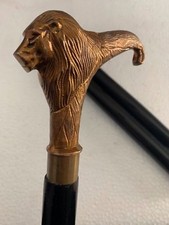 Antique Brass Lion Head Handle Victorian Wooden Walking Stick Cane Vintage Gift