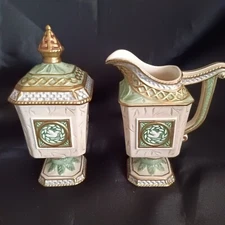 Fitz & Floyd Gregorian Pedestal Creamer and Sugar Set Green & Gold New Open  Box