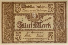 Furtwangen Stadt 5 Mark 1918 Kfr. Aufdruck Entwertet