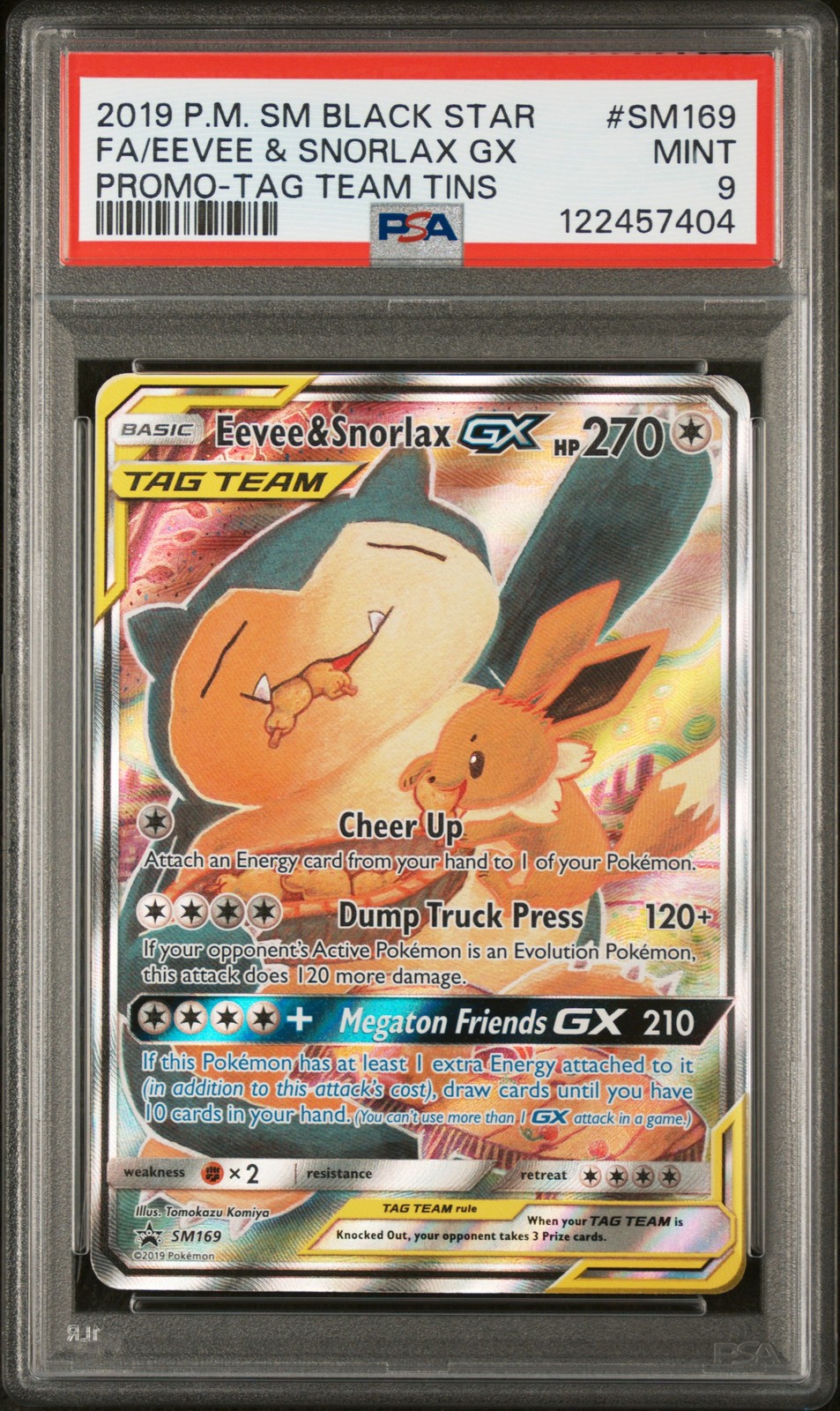 2019 POKEMON SM BLACK STAR PROMO TAG TEAM TINS FULL ART/EEVEE & SNORLAX GX PSA 9