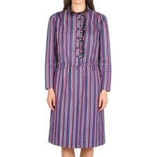 VTG SUPER SIMON Shirt Dress Purple/Black/Multi Stripe GEORGETTE w/RUFFLE TRIM 16