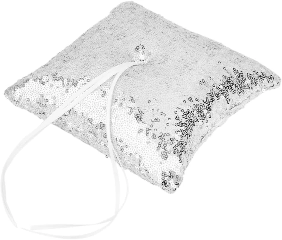 Generico Cuscino Portafedi in Lustrino Argento Porta Anelli Decorazioni Matrimon - Immagine 3 di 4