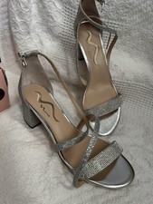 Nina Neville Rhinestone Slingback Block Heel Sandal 9W Silver T211755 Womens