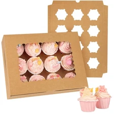 34 Sets Cupcake Boxes, Hold 12 Count Cupcake Containers, Brown Containers wit...