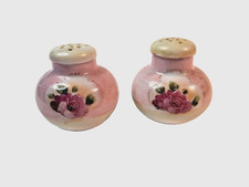 VTG-Hand Painted-Porcelain-Salt  Pepper Shakers-Pink Roses w/Gold Accents