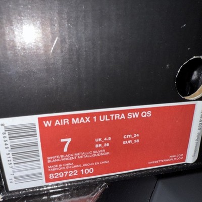 WMNS NIKE AIR MAX 1 ULTRA SW QS ''SERENA WILLIAMS'' BLACK-WHT SZ 7  [829722-100]