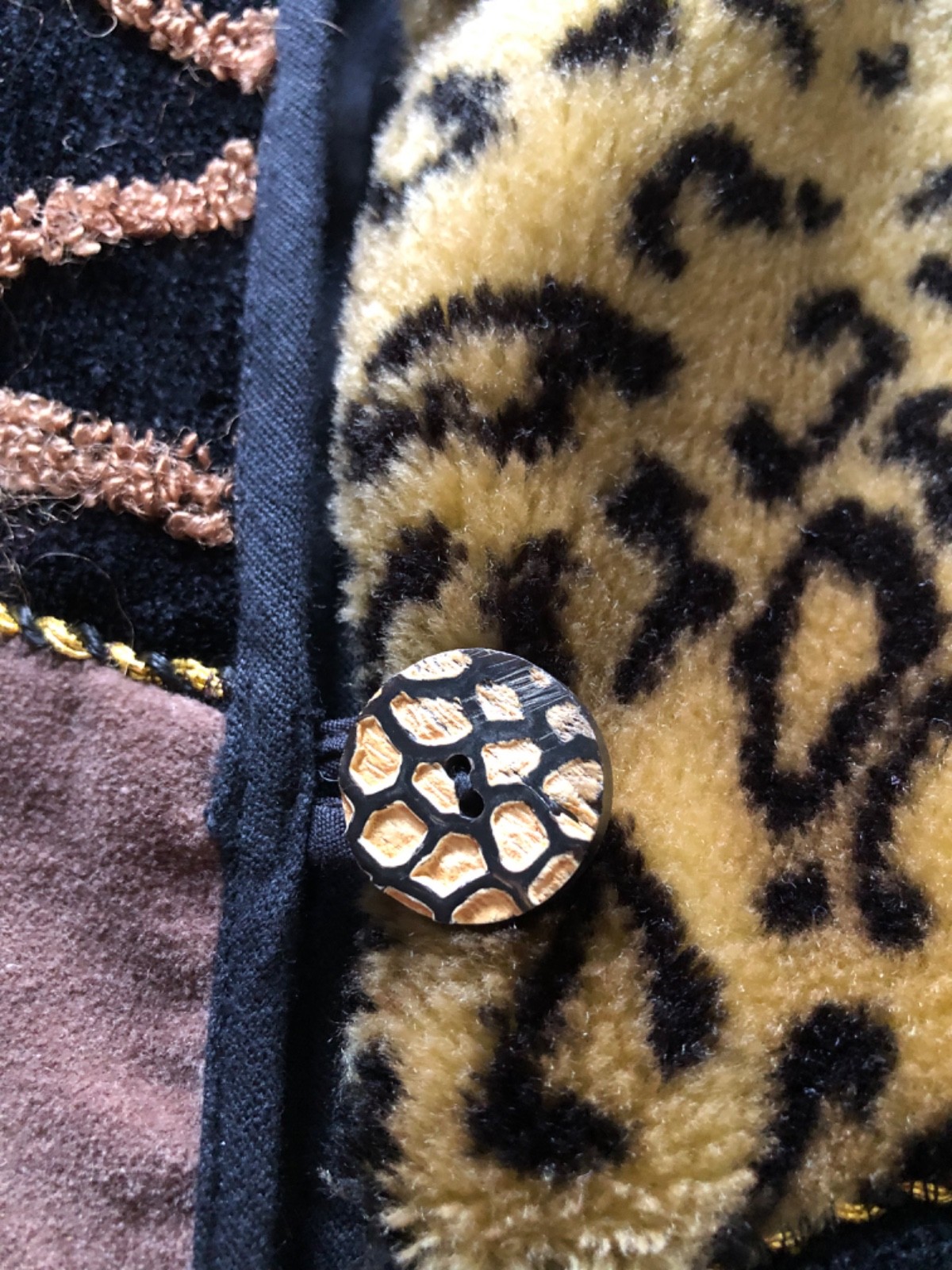 Vintage Patchwork Coat Button Close Black Tan Leo… - image 4