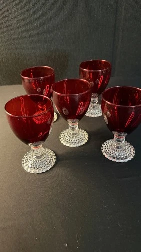 Set of 5 Vintage Anchor Hocking Bubble Foot Ruby Goblets