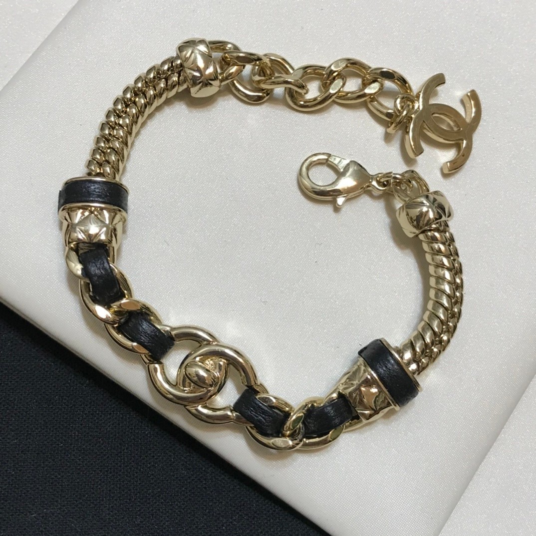 CHANEL Logo Leather Chain Bracelet Black Gold Tone Accessory Authentic