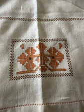 Vtg Small 35” x 38 Linen Tablecloth with Orange Cross Stitch Embroidery Pattern