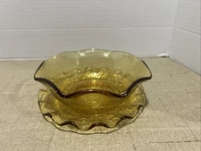 Rare Vintage MCM Amber Glass Pebble Bubble Ruffle Pattern Bowl And Plate SET 