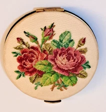 Vintage Petit Point Tapestry Compact Cross Stitched Flower floral Compact