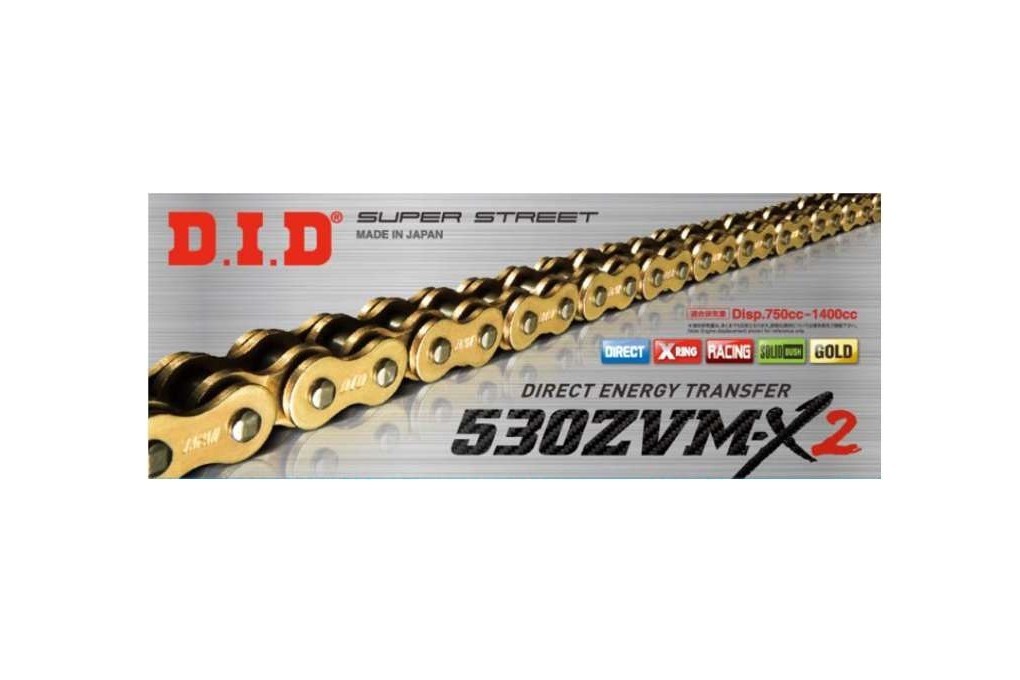 Chaîne DID 530 X-Ring dorée super renforcée pas 530 pour moto de route