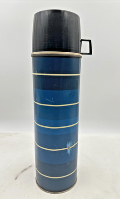 Vintage King Seely Thermos Blue Horizontal White Stripes 13'' Cup & Lid Metal